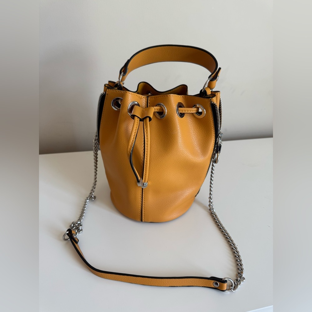 Zara Mustard Yellow Leather Drawstring Bucket Crossbody Bag